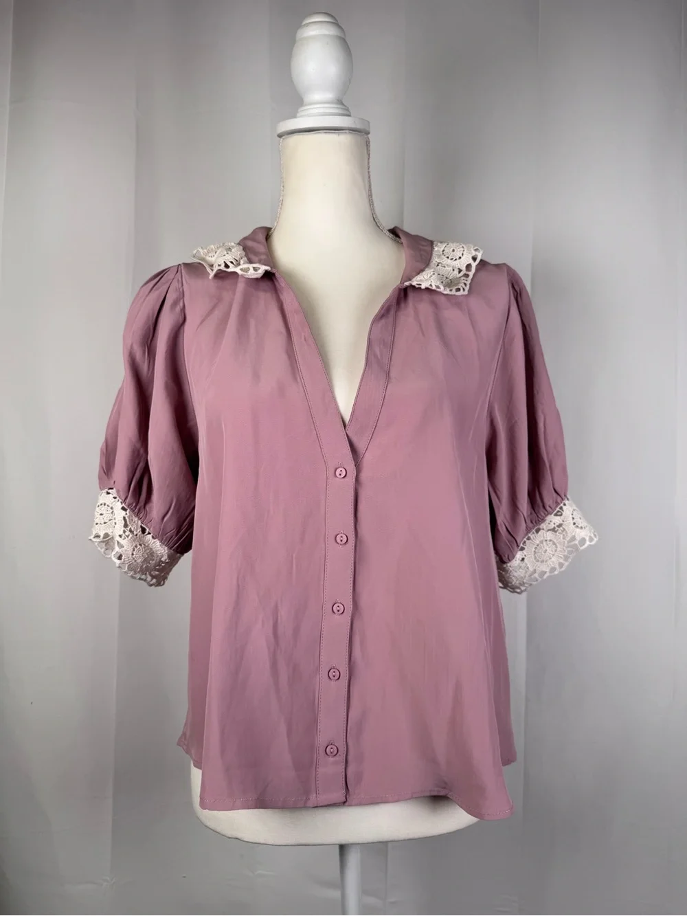 Free People My Love Blouse Pale Mauve Lace Collar Puff Sleeve Top S NWT